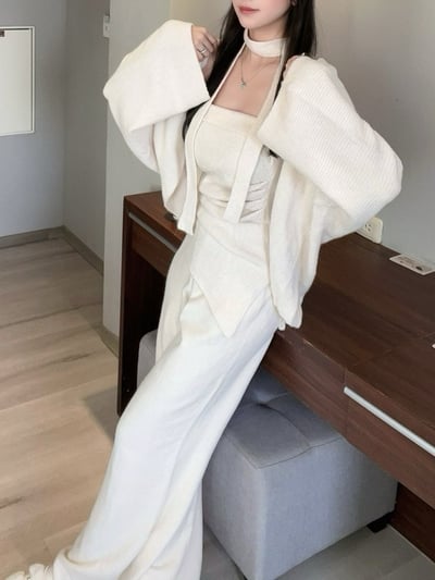 繞脖不規則抓皺平口+外罩+寬褲針織套裝｜三色7