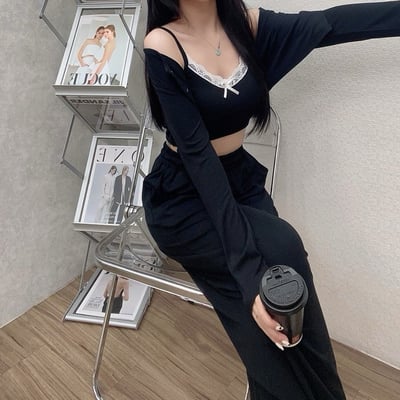 蝴蝶結蕾絲細肩背心+寬褲+外罩衫套裝｜四色3