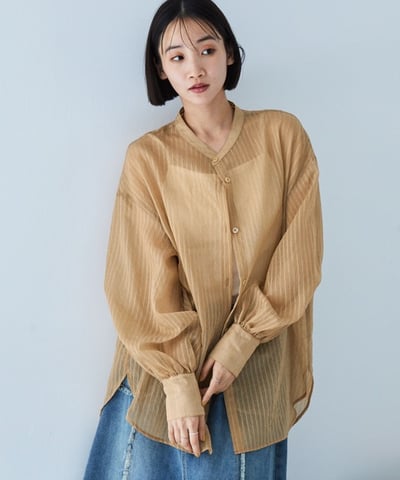 粉條紋透膚襯衫9