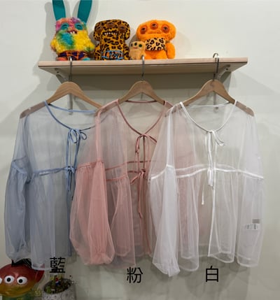 澎袖雙綁帶透紗罩衫1