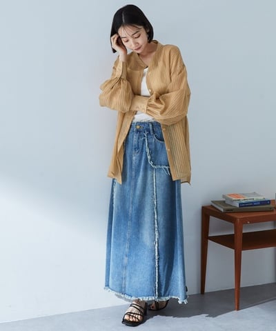 咖橘條紋透膚襯衫4