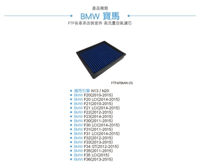 FTPAFBMW-05 N20 FTP 高流量空氣濾芯2