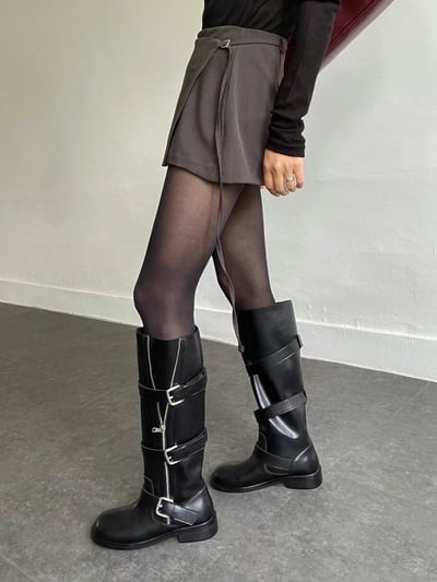 韓國PLA皮帶扣環開鏈低跟長靴7