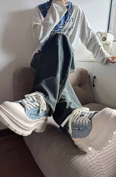 韓國 AL 六公分弧刀牛仔單寧厚底板鞋 (男女)6