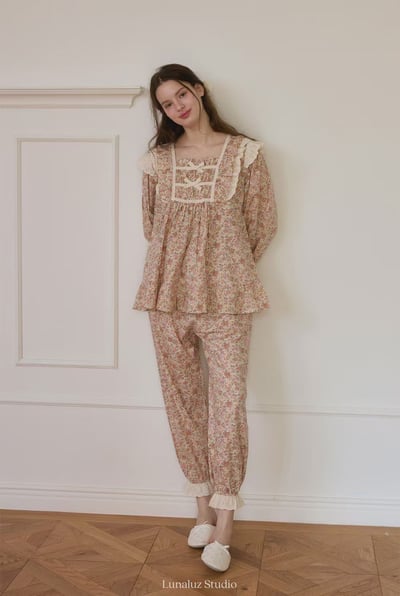 韓國 LUNA 歐風復古鄉野碎花長袖套裝睡衣5