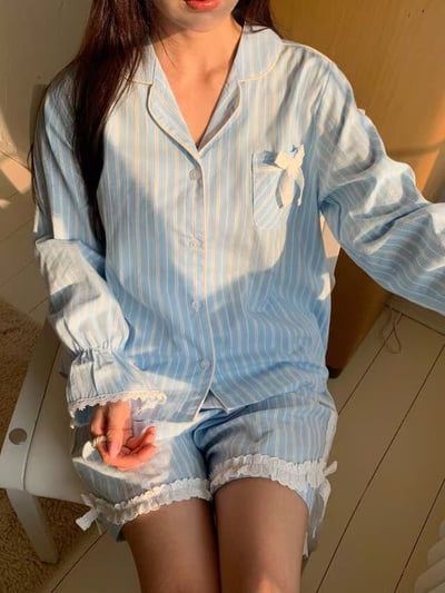 韓國 LUNA 法式直紋蝴蝶結蕾絲短褲睡衣套裝7