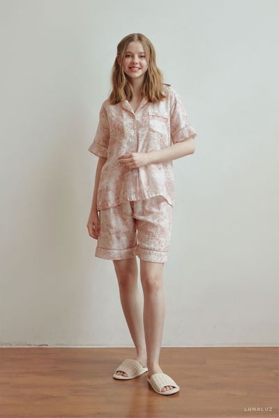 韓國 LUNA 歐風粉色復古莊園短褲套裝睡衣4