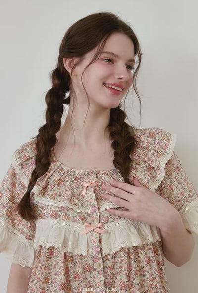 韓國 LUNA 法式鄉村碎花蛋糕長裙睡衣3