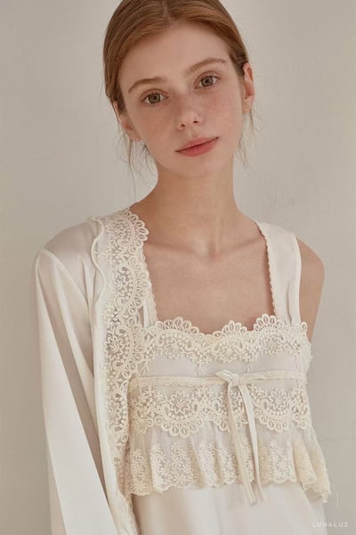 韓國 LUNA 法式蕾絲蝴蝶結兩件式外套長裙洋裝睡衣1