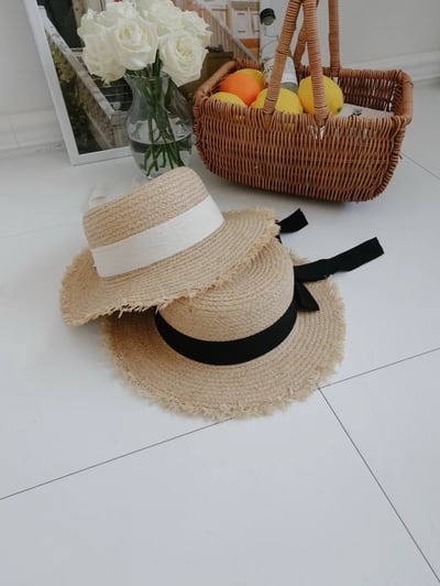 韓國 UNI 初夏蝴蝶結圓形帽平頂草帽4