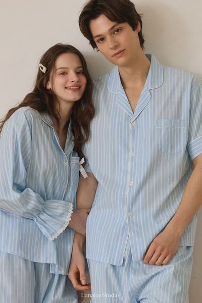 韓國 LUNA 法式直紋蝴蝶結蕾絲短褲男女情侶睡衣套裝8