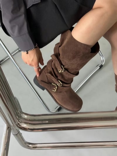 韓國PLA麂皮美拉德抓皺低跟中筒靴7