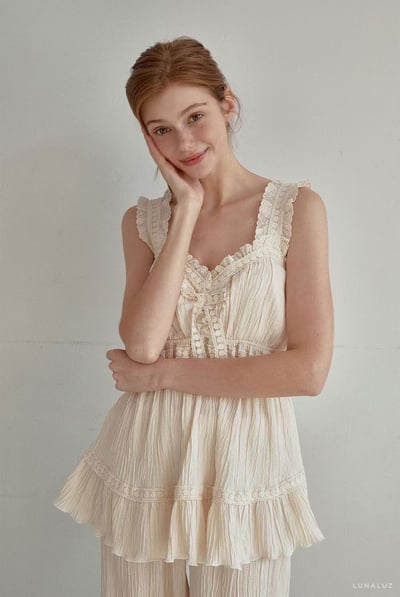 韓國 LUNA 法式清透絲沙兩件式長褲套裝睡衣8