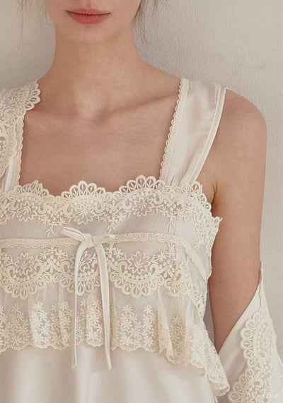 韓國 LUNA 法式蕾絲蝴蝶結兩件式外套長裙洋裝睡衣11