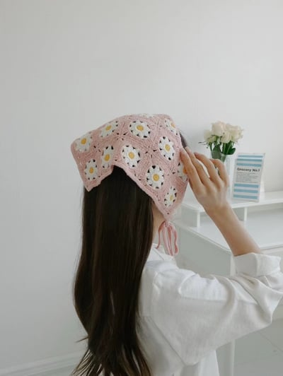 韓國UNI繽紛初春小花手繡綁繩頭巾3