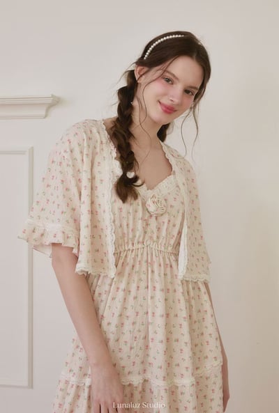 韓國 LUNA 法式玫瑰碎花短袖蛋糕裙洋裝睡衣3