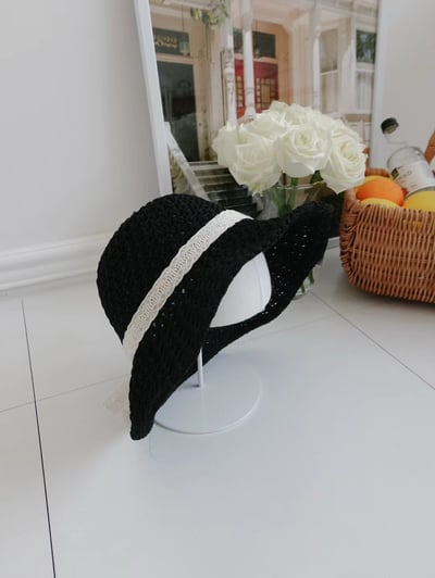 韓國 UNI 初夏編織簍空蝴蝶結圓形帽草帽漁夫帽7