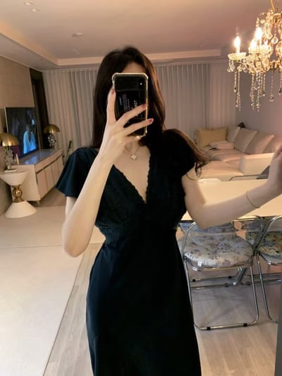 韓國 LUNA 法式類雪紡深V洋裝睡衣2