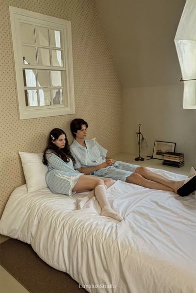 韓國 LUNA 法式直紋蝴蝶結蕾絲短褲男女情侶睡衣套裝4