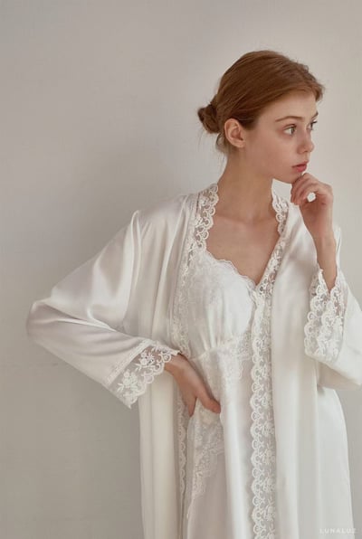 韓國 LUNA 法式清透絲柔蕾絲長裙洋裝外套兩件式睡衣2