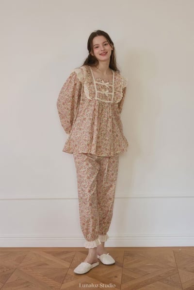 韓國 LUNA 歐風復古鄉野碎花長袖套裝睡衣4