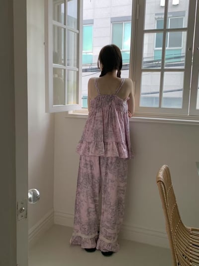 韓國 LUNA 法式浪漫細肩雲彩長褲套裝睡衣2