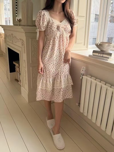 韓國 LUNA 法式浪漫碎花玫瑰長裙洋裝睡衣5