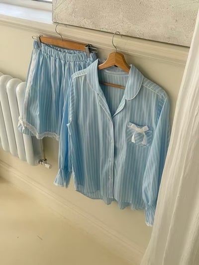 韓國 LUNA 法式直紋蝴蝶結蕾絲短褲睡衣套裝13