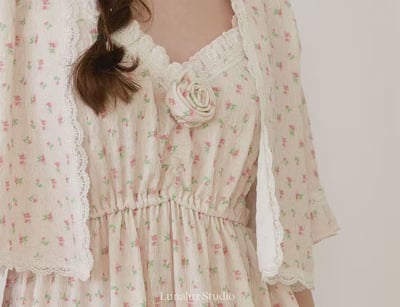 韓國 LUNA 法式玫瑰碎花短袖蛋糕裙洋裝睡衣7