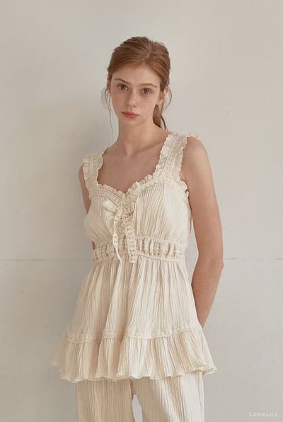 韓國 LUNA 法式清透絲沙兩件式長褲套裝睡衣9