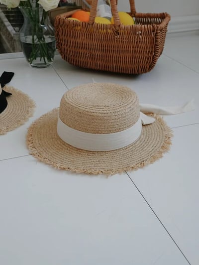 韓國 UNI 初夏蝴蝶結圓形帽平頂草帽8