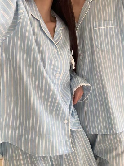 韓國 LUNA 法式直紋蝴蝶結蕾絲短褲睡衣套裝5