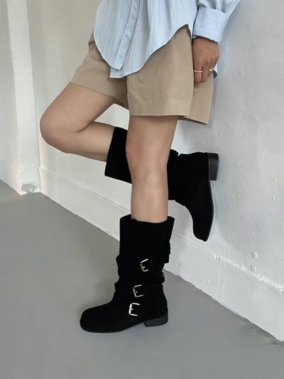 韓國PLA麂皮美拉德抓皺低跟中筒靴6