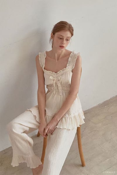 韓國 LUNA 法式清透絲沙兩件式長褲套裝睡衣4