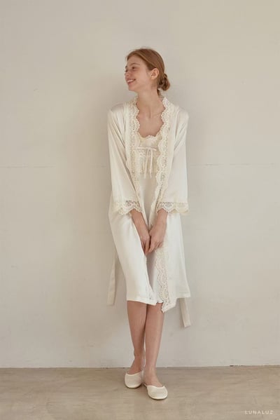 韓國 LUNA 法式蕾絲蝴蝶結兩件式外套長裙洋裝睡衣9