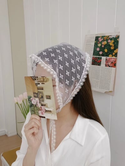 韓國 UNI 薄紗蕾絲小花綁帶頭巾絲巾1