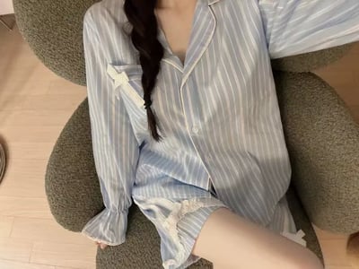 韓國 LUNA 法式直紋蝴蝶結蕾絲短褲睡衣套裝15