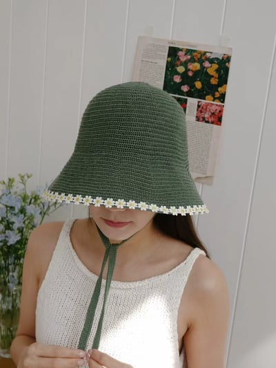 韓國 UNI 度假素色編織雛菊綁繩漁夫帽5