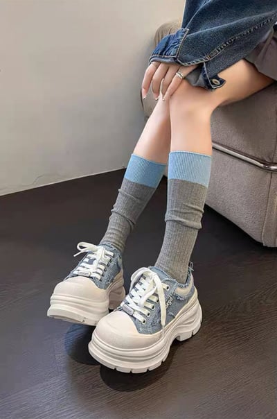 韓國 AL 六公分弧刀牛仔單寧厚底板鞋 (男女)4