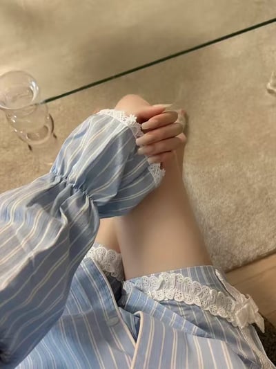 韓國 LUNA 法式直紋蝴蝶結蕾絲短褲睡衣套裝12