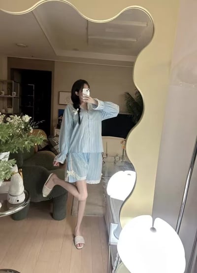 韓國 LUNA 法式直紋蝴蝶結蕾絲短褲睡衣套裝10