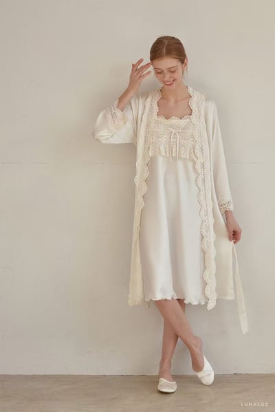 韓國 LUNA 法式蕾絲蝴蝶結兩件式外套長裙洋裝睡衣10