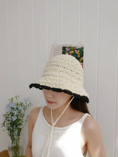 韓國 UNI 度假撞色編織綁繩防曬漁夫帽5