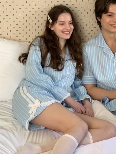 韓國 LUNA 法式直紋蝴蝶結蕾絲短褲男女情侶睡衣套裝6