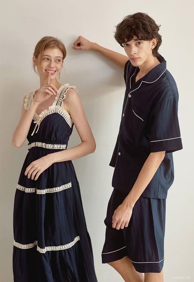 韓國 LUNA 法式花邊蛋糕長裙短褲情侶睡衣1