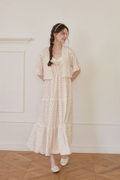 韓國 LUNA 法式玫瑰碎花短袖蛋糕裙洋裝睡衣1