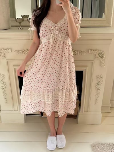 韓國 LUNA 法式浪漫碎花玫瑰長裙洋裝睡衣6