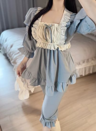 韓國 LUNA 法式鄉村抓袖五分褲子睡衣套裝1