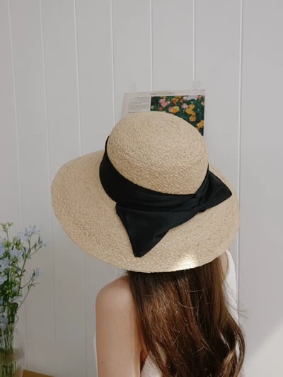 韓國 UNI 法式真絲蝴蝶結圓形帽草帽1