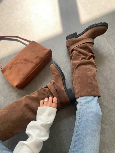 韓國PLA率性直筒抓皺低跟褲靴7